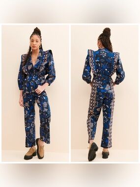 Farm Rio Macaw Forest Coveralls Bird Print Blue Black Small